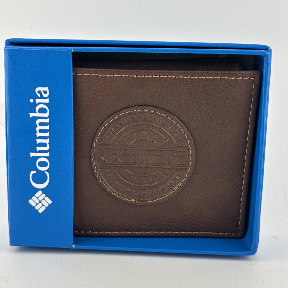 Columbia Men's Leather Wallet brown bifold RFID Billfoldw/ Logo NIB